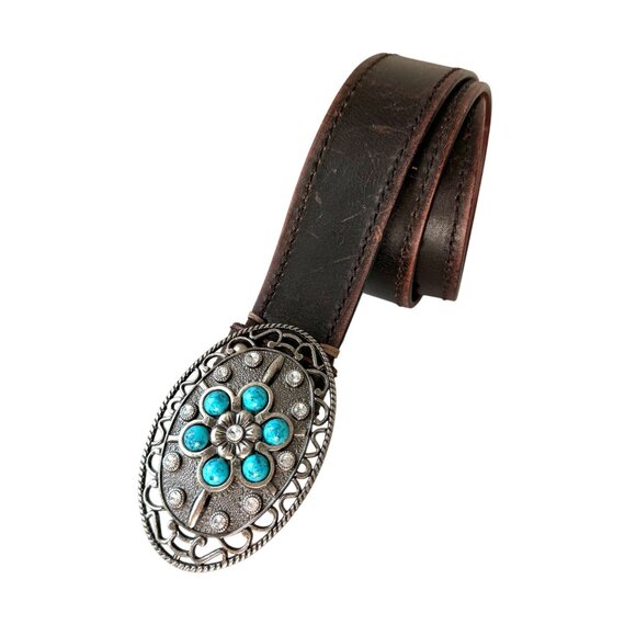 Olga Santini Leather Belt with Turquoise & Rhinestone Style Stones Small Brown - Picture 1 of 7